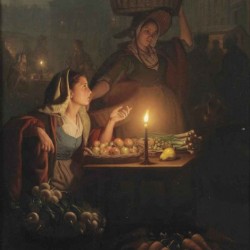 A busy night market with a vegetable stall